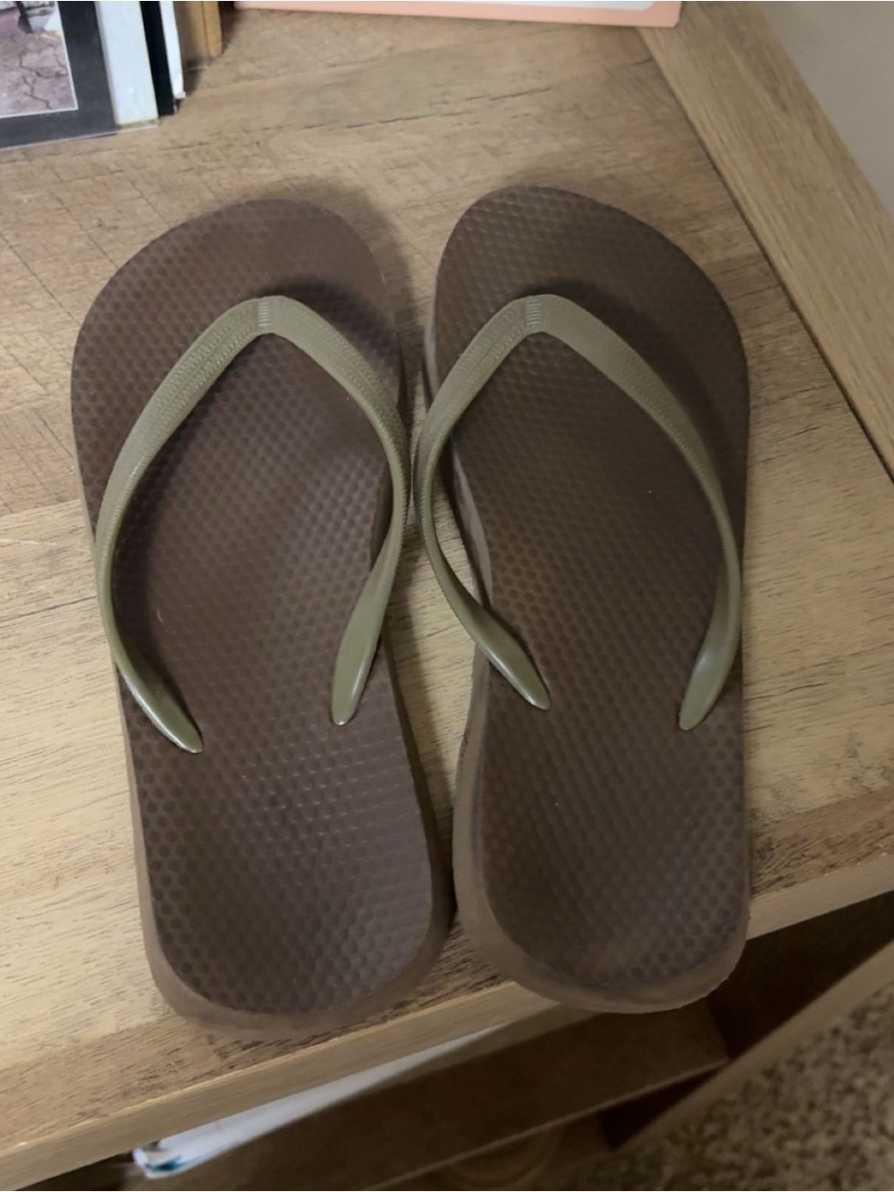 Women's Brown Flip Flop Sandals with Olive Straps